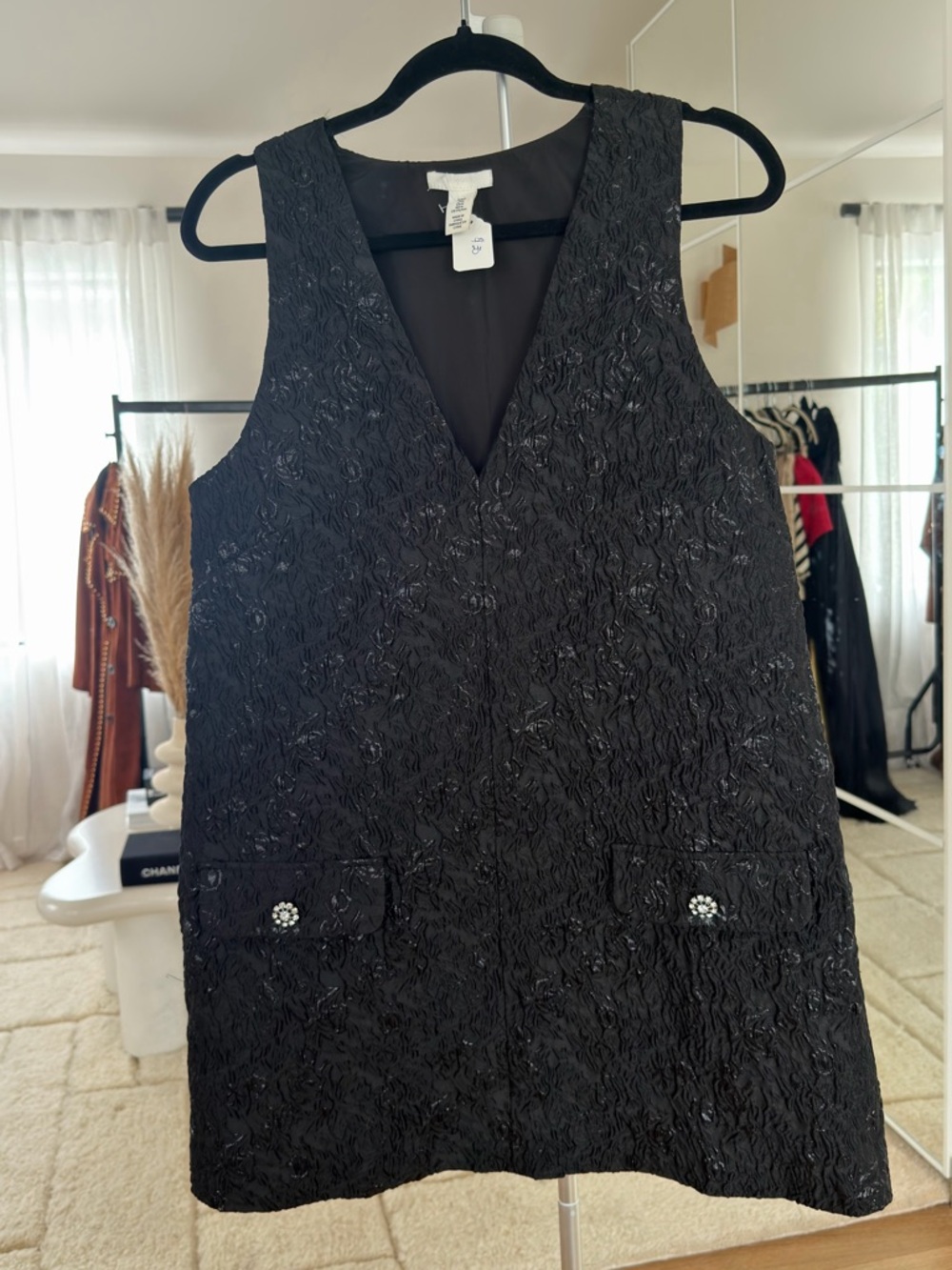 H&M Black Textured V-Neck Sleeveless Dress with Subtle Shine